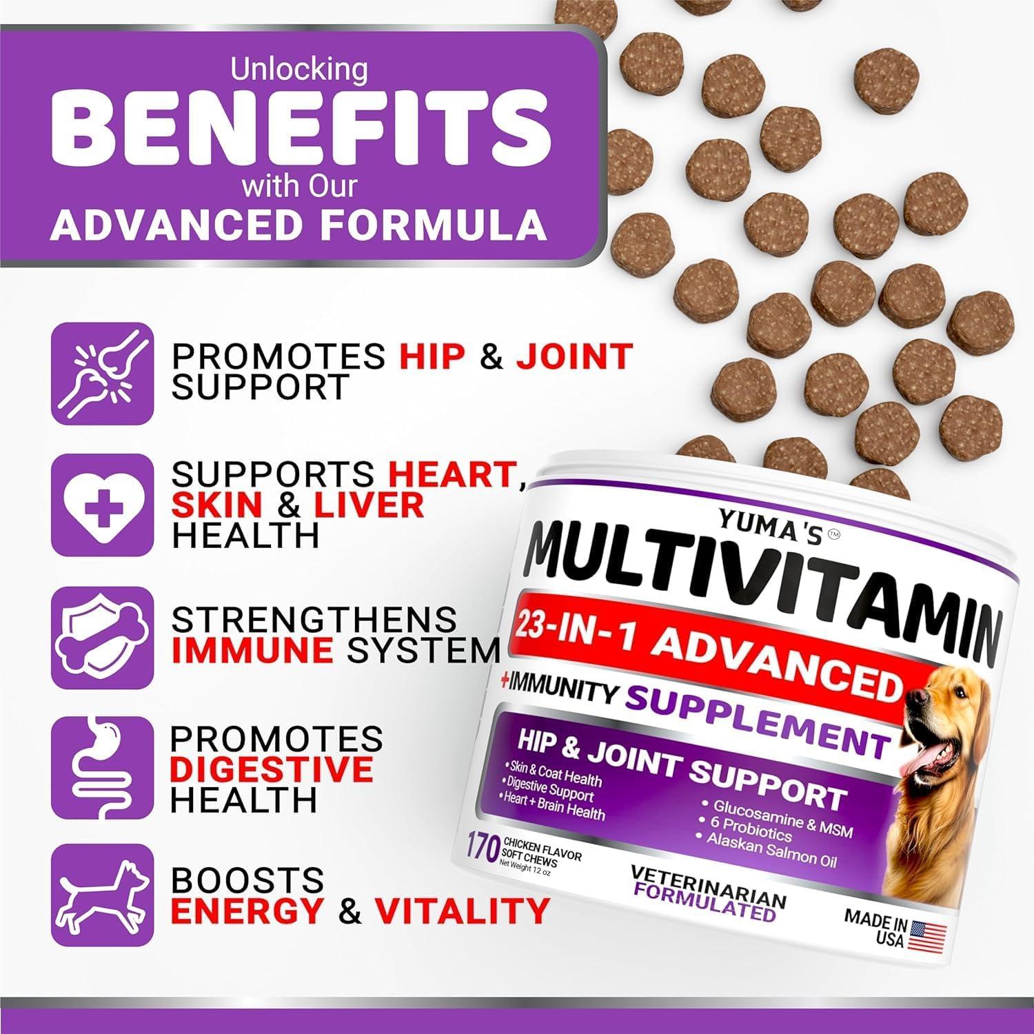image:imageDog Multivitamin Chewable with Glucosamine Dog Vitamins and Supplements 170 Treats Senior amp Puppy Multivitamin for Dogs Hip amp Joint Support Immune Health Skin Heart Digestion ProbioticsMultivitamin