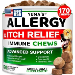 Dog Allergy Relief Chews – Dog Itching Skin Relief Treatment Pills – 170 Treats – Anti-Itch Chewables – Itchy and Paw Licking – Hot Spots – Omega 3 Fish Oil – Dry Skin & Coat Supplement(170 Chews)