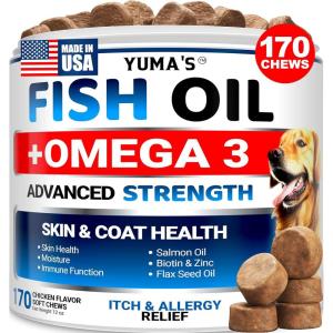 Omega 3 Fish Oil for Dogs – 170 Chews – Skin and Coat Supplement – Omega 3 for Dogs – Dry & Itchy Skin Relief Treatment – Allergy Support Dog Anti Shedding Treats – Salmon – EPA & DHA – Chicken Flavor(Skin & Coat)