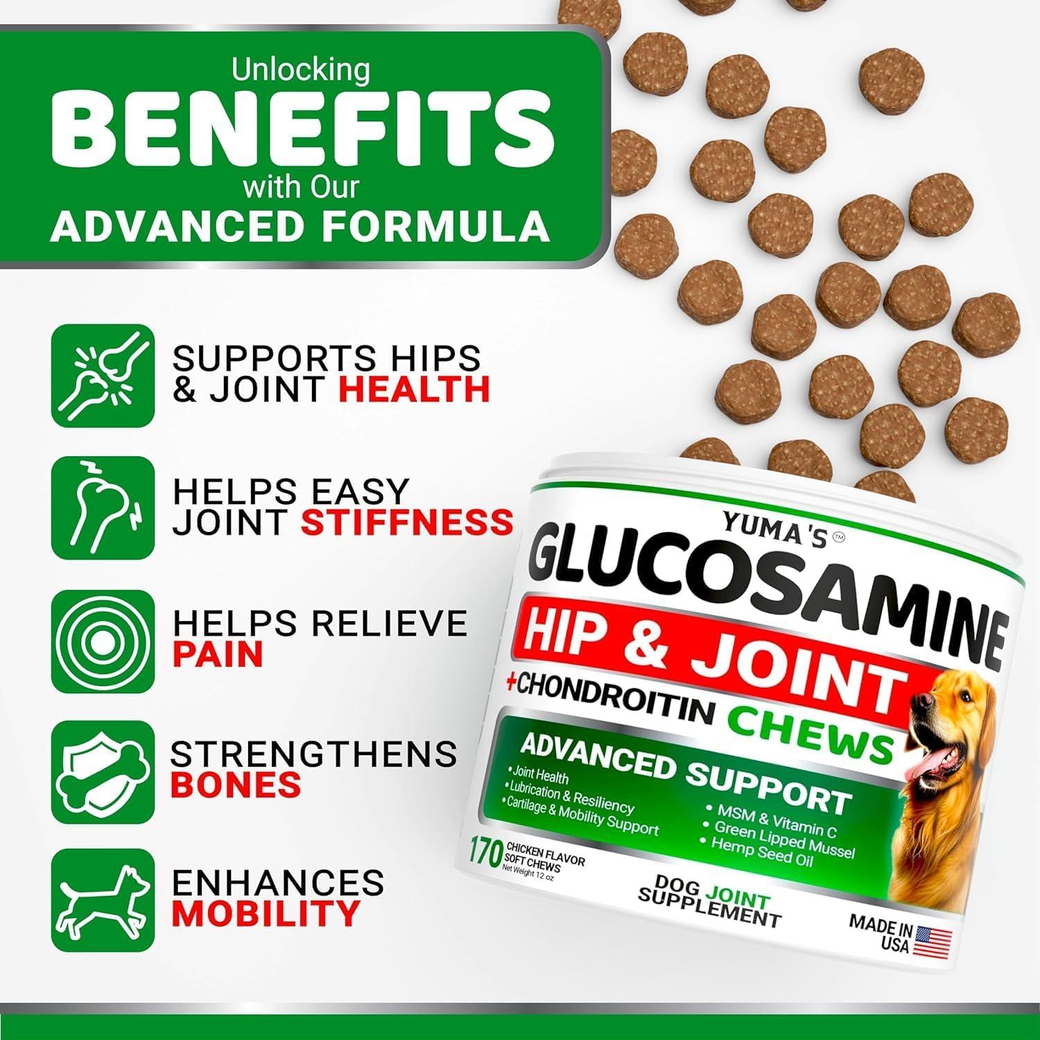 image:imageYUMAS Glucosamine for Dogs Hip and Joint Supplement for Dogs 170 Ct Glucosamine Chondroitin Chews Joint Pain Relief Supplement with MSM Advanced Health Mobility Support Made in USAGlucosamine