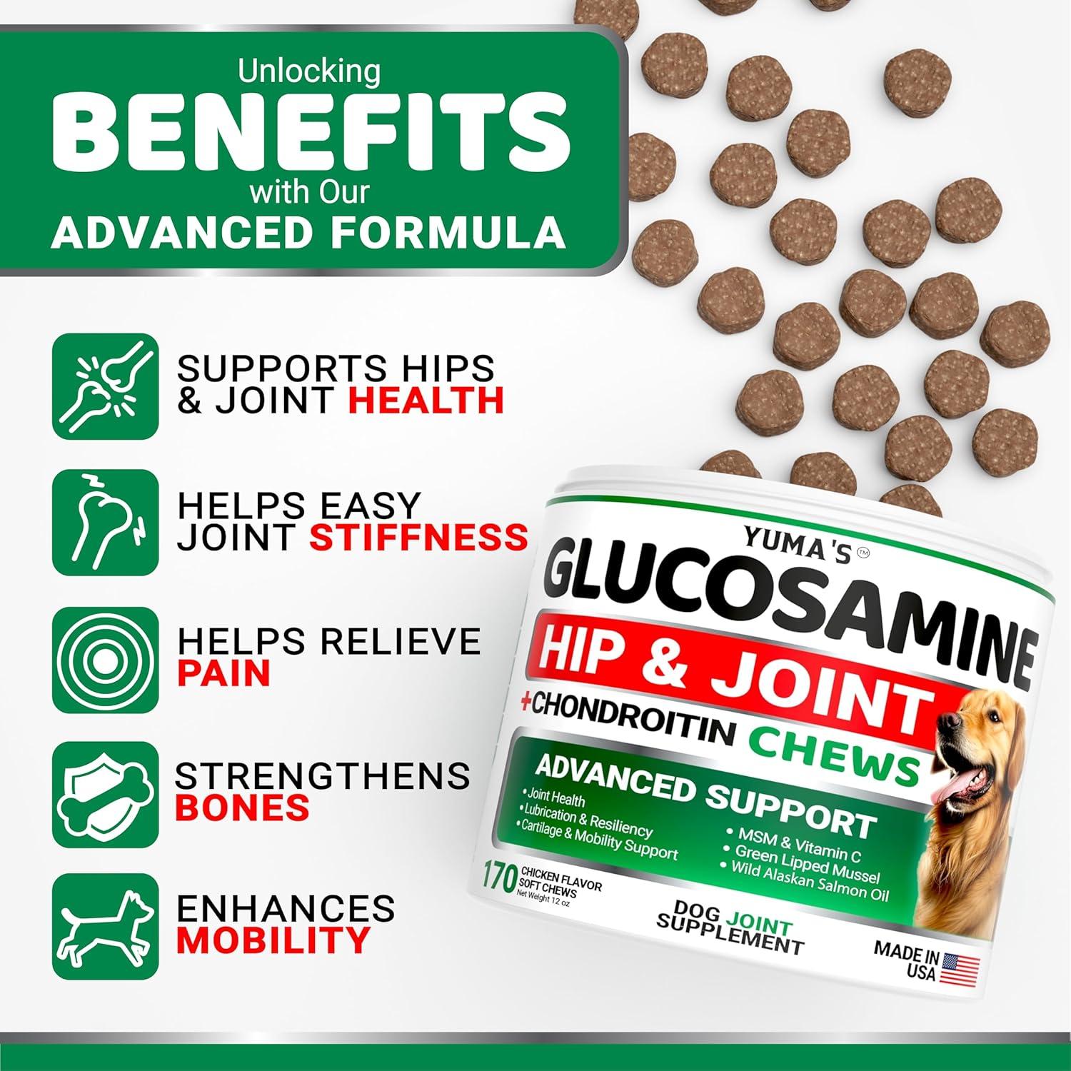 image:imageYUMAS Glucosamine for Dogs Hip and Joint Supplement for Dogs 170 Ct Glucosamine Chondroitin Chews Joint Pain Relief Supplement with MSM Advanced Health Mobility Support Made in USAGlucosamine