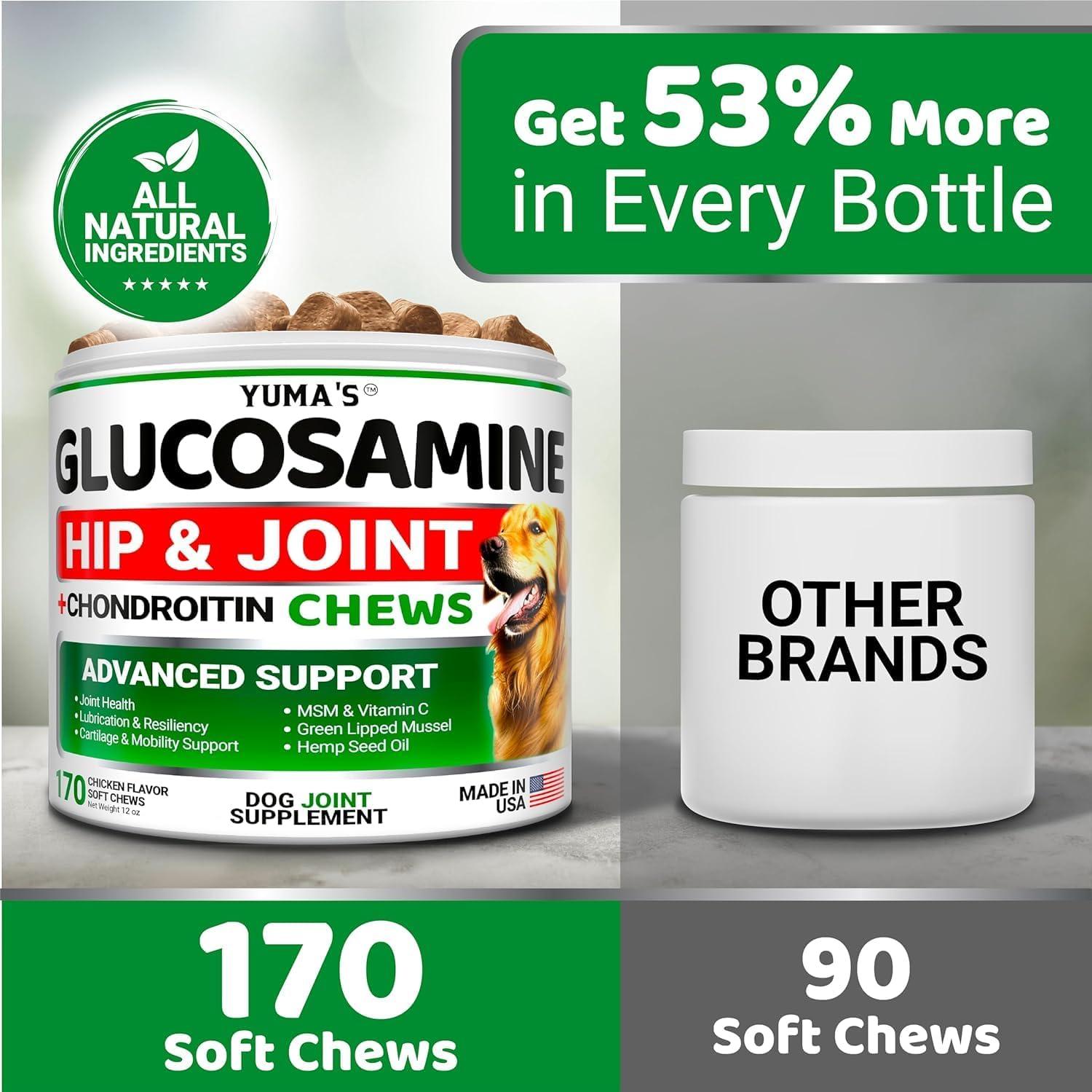 image:imageYUMAS Glucosamine for Dogs Hip and Joint Supplement for Dogs 170 Ct Glucosamine Chondroitin Chews Joint Pain Relief Supplement with MSM Advanced Health Mobility Support Made in USAGlucosamine